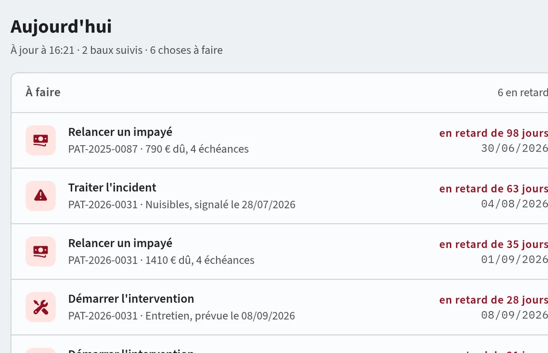 La page « Aujourd'hui » de m2 : ce qu'il y a à faire et les échéances à venir.