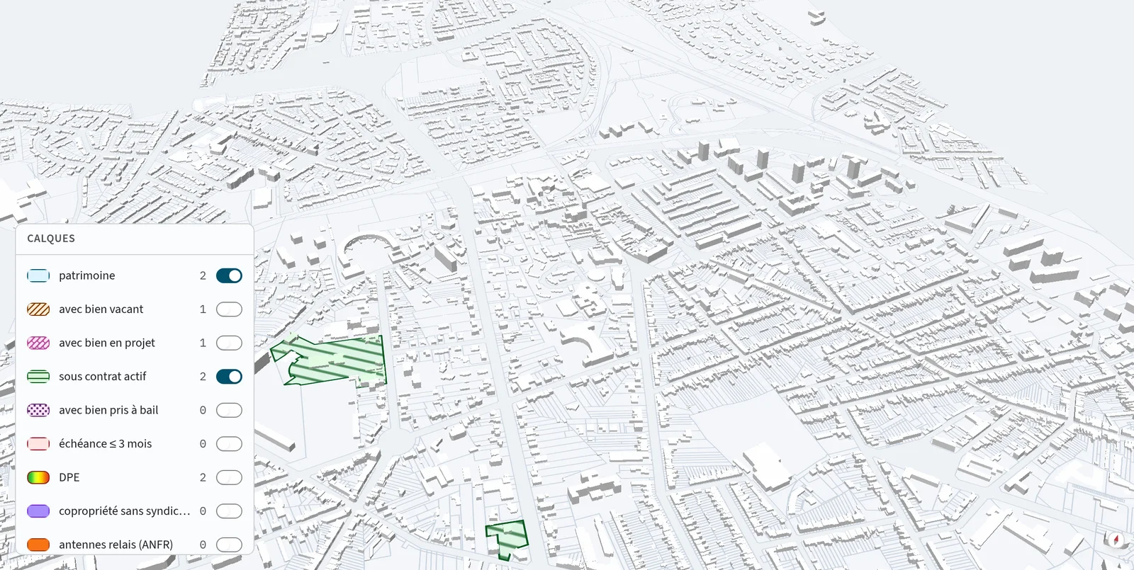 L'observatoire de m2 : le patrimoine de la commune sur la carte en 3D, avec ses calques (biens sous contrat, vacants, DPE).