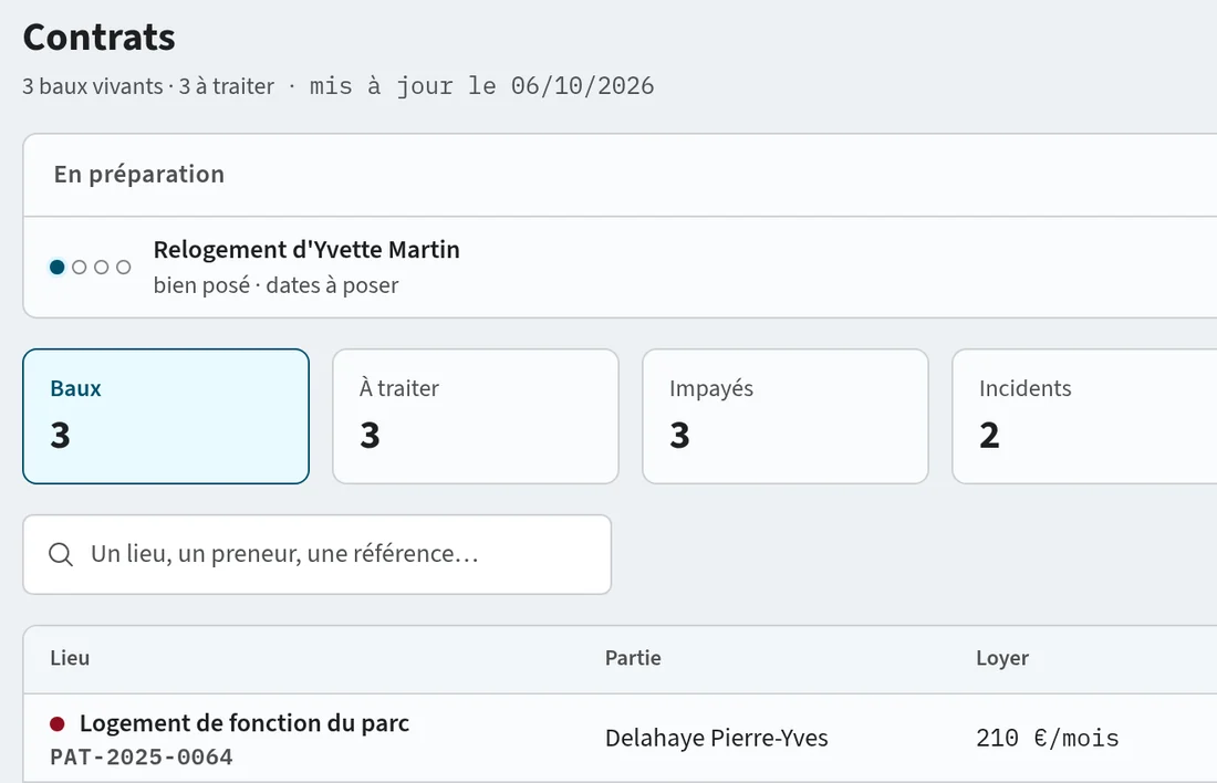 La liste des contrats dans m2 : ce qui se prépare, ce qui demande une action, et chaque bail avec son loyer et son échéance.